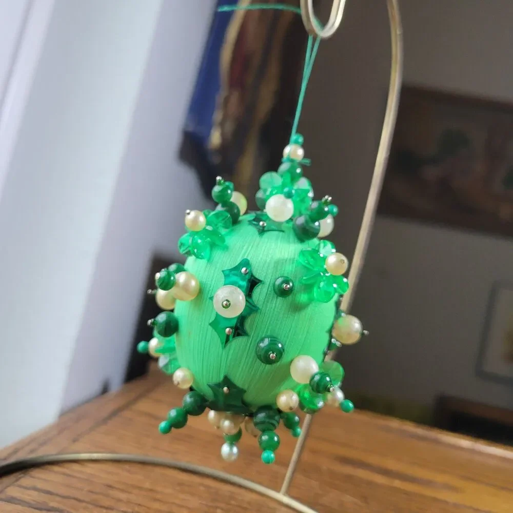 Vtg Ornate Easter Egg Handmade Beaded Push Pin Satin Basket Filler Green Egg